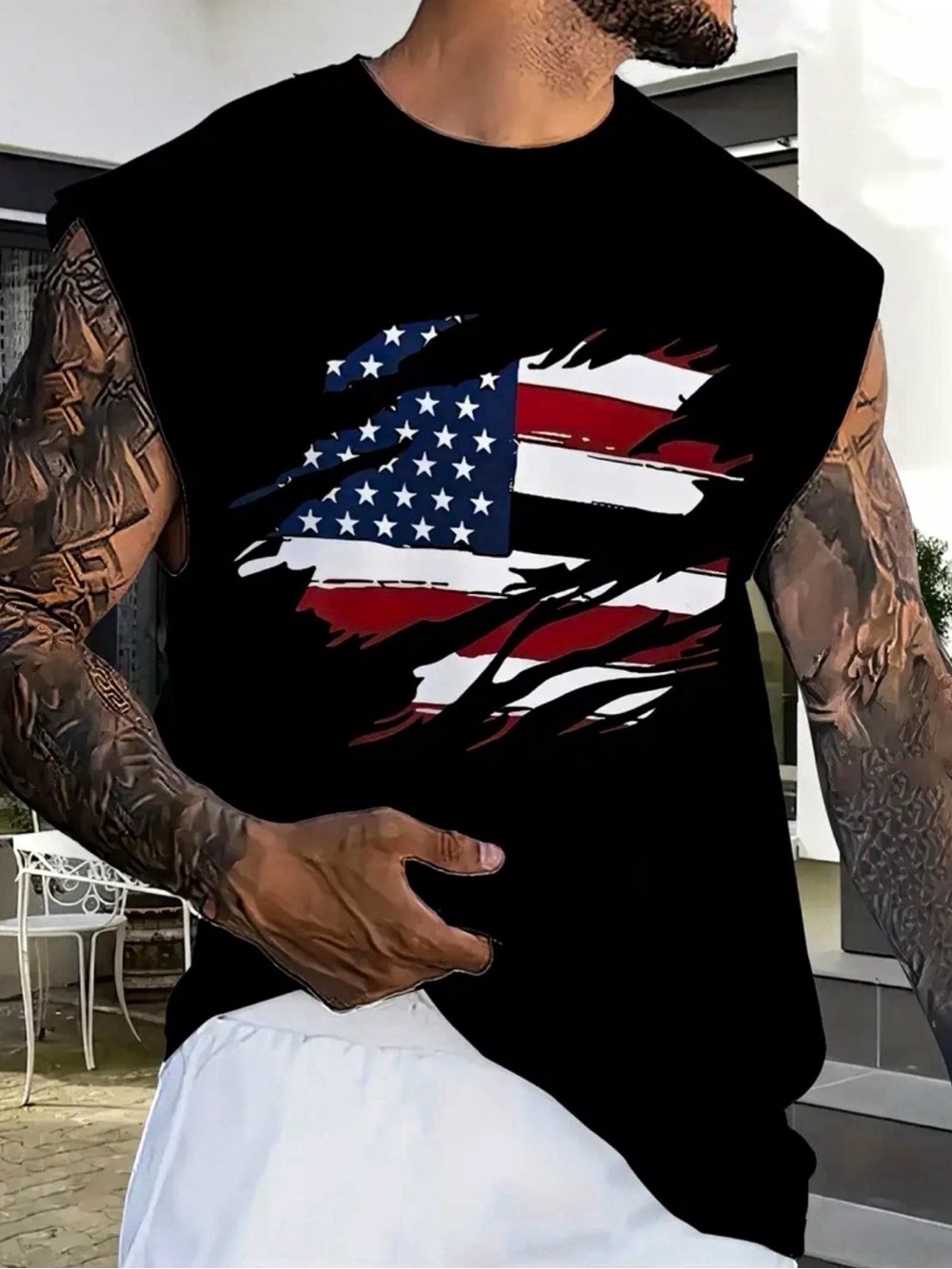 Men's Black Sleeveless Tank Top with Distressed American Flag Graphic